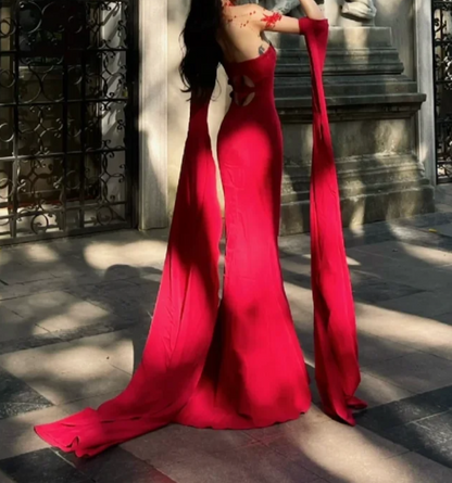Sexy Strapless Prom Dress With Sleeves Red Mermaid Formal Dress GG7094