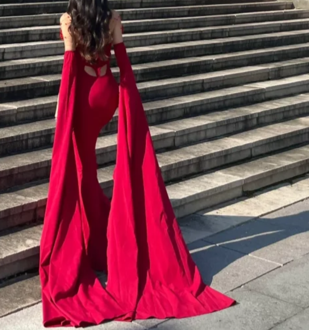 Sexy Strapless Prom Dress With Sleeves Red Mermaid Formal Dress GG7094