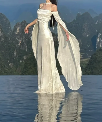 Graceful Off-Shoulder Wedding Dress Long Sleeve Satin Mermaid Bridal Dress GG7095