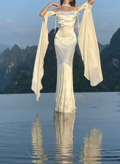 Graceful Off-Shoulder Wedding Dress Long Sleeve Satin Mermaid Bridal Dress GG7095