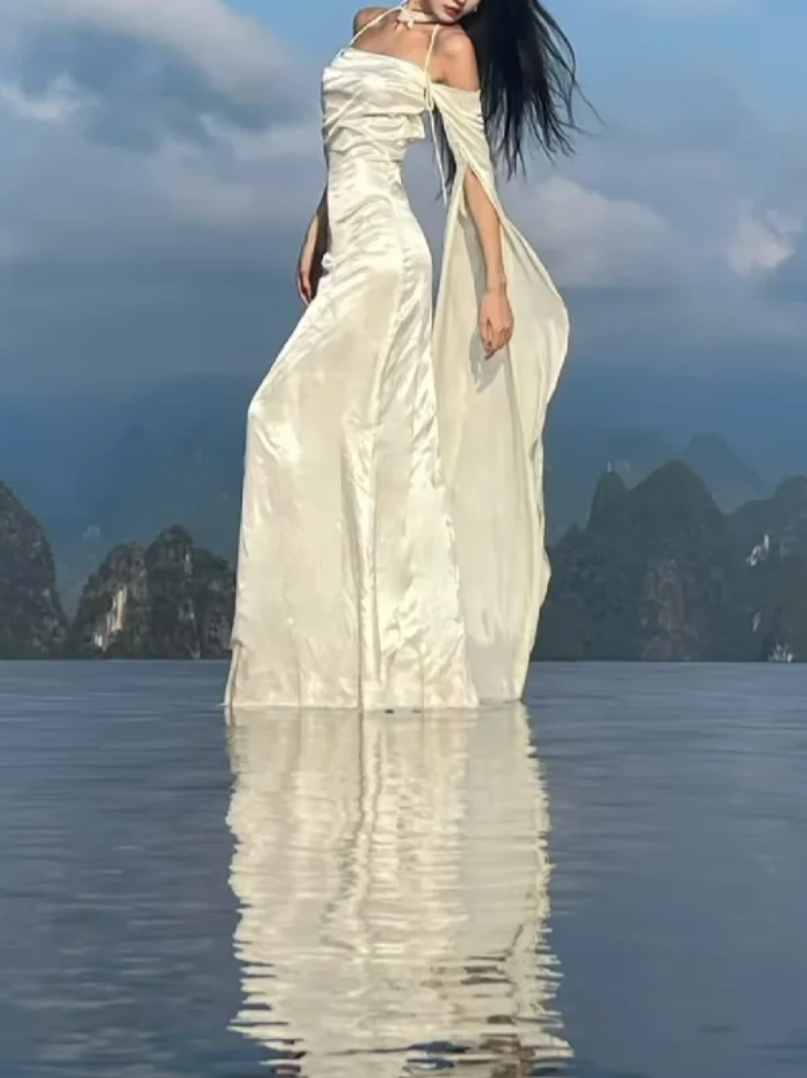Graceful Off-Shoulder Wedding Dress Long Sleeve Satin Mermaid Bridal Dress GG7095