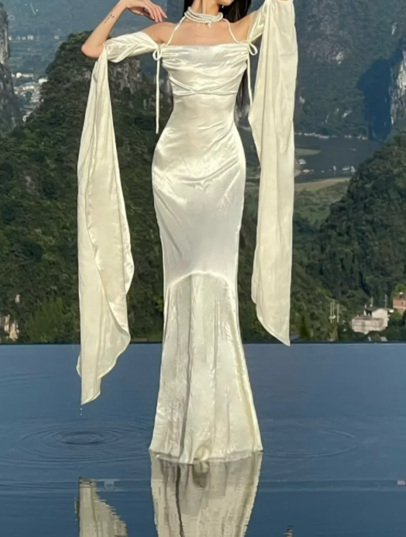 Graceful Off-Shoulder Wedding Dress Long Sleeve Satin Mermaid Bridal Dress GG7095