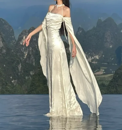 Graceful Off-Shoulder Wedding Dress Long Sleeve Satin Mermaid Bridal Dress GG7095