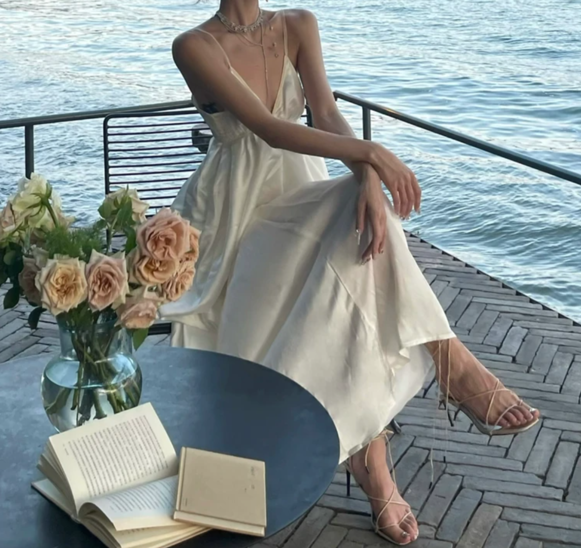 Unique Spaghetti Straps Prom Dress White Satin Sheath Formal Dress GG7096
