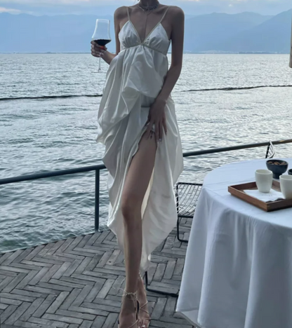 Unique Spaghetti Straps Prom Dress White Satin Sheath Formal Dress GG7096