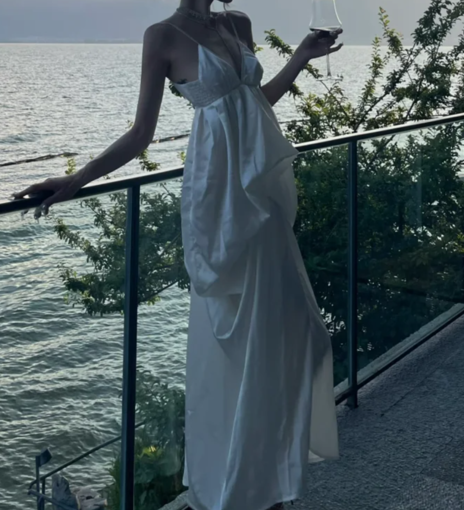 Unique Spaghetti Straps Prom Dress White Satin Sheath Formal Dress GG7096