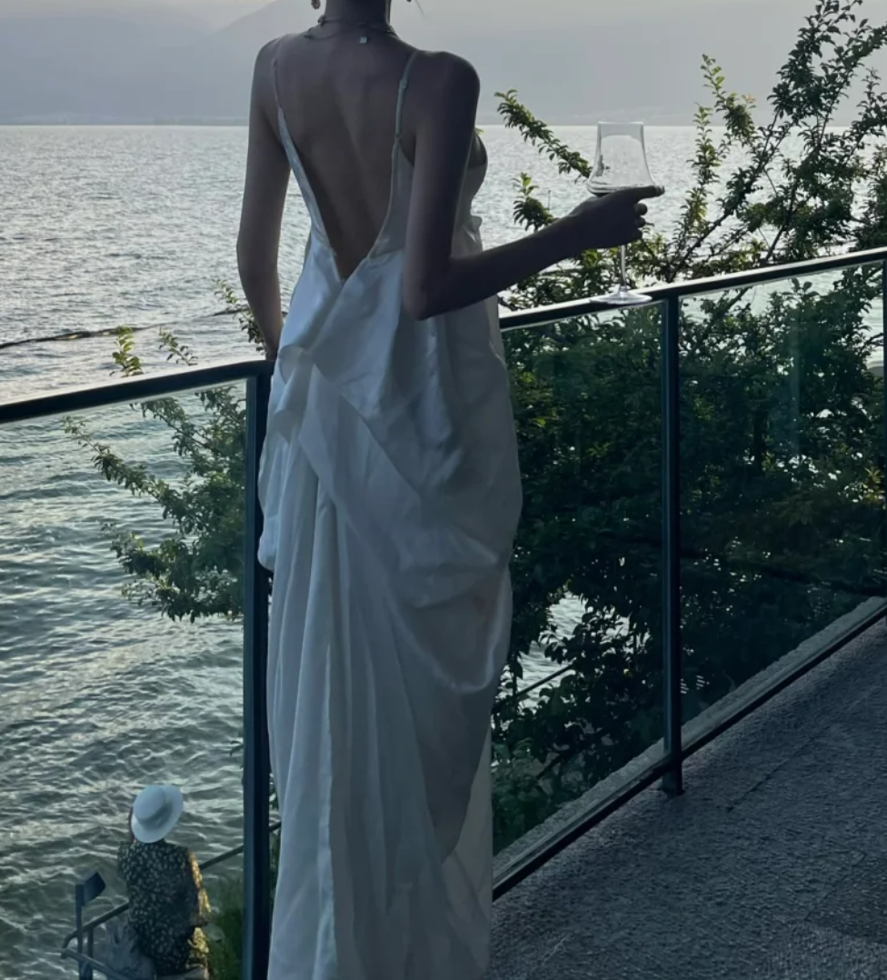 Unique Spaghetti Straps Prom Dress White Satin Sheath Formal Dress GG7096