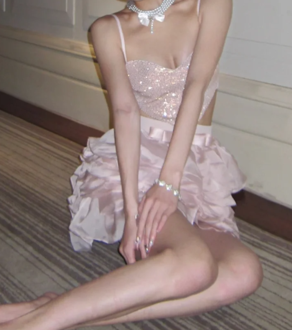 Romantic Spaghetti Strap Homecoming Dress Pink Sequins Ruffles A-Line Birthday Dress GG7097
