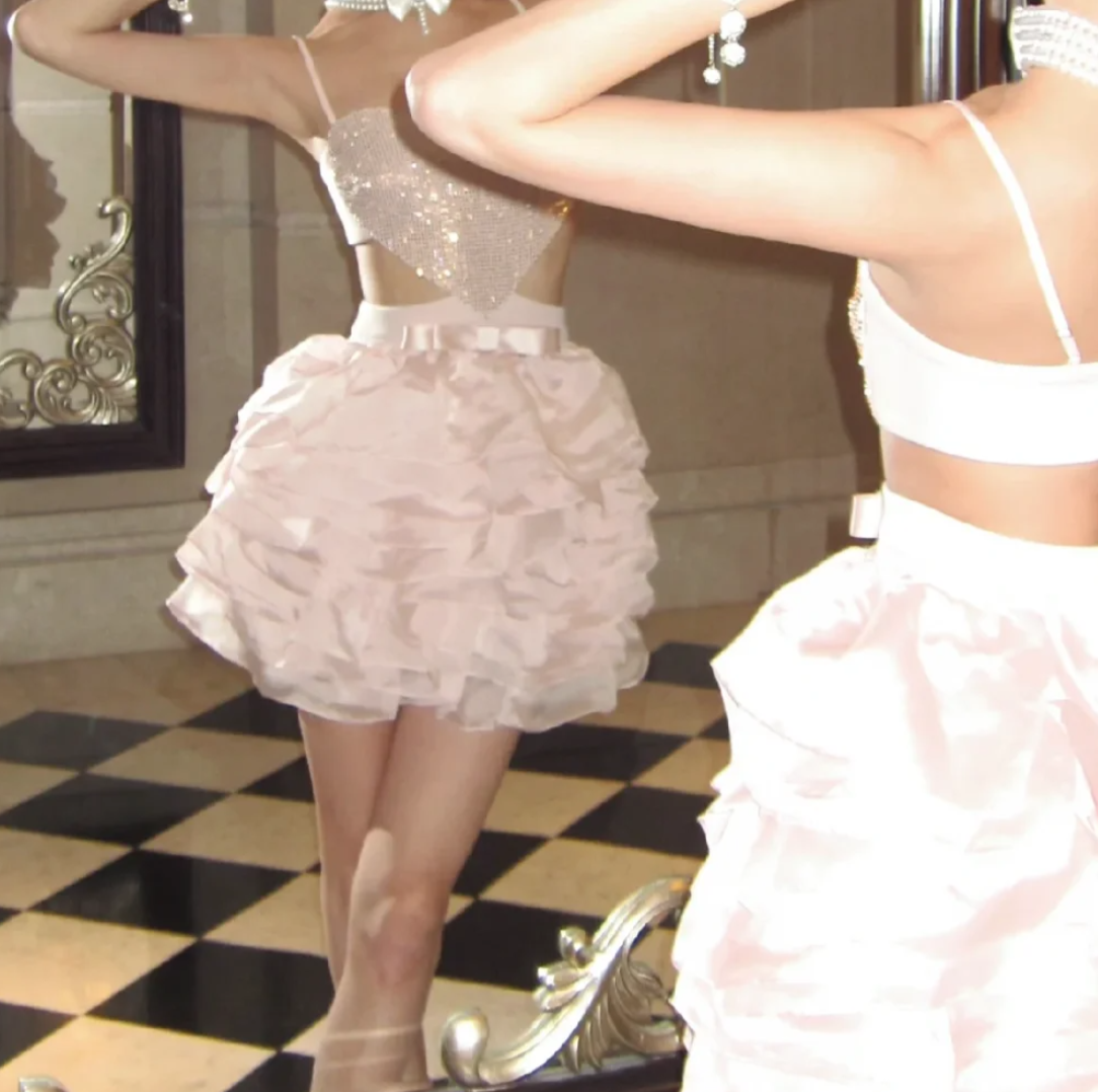 Romantic Spaghetti Strap Homecoming Dress Pink Sequins Ruffles A-Line Birthday Dress GG7097