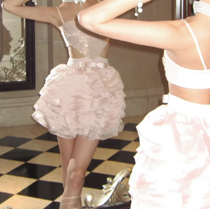 Romantic Spaghetti Strap Homecoming Dress Pink Sequins Ruffles A-Line Birthday Dress GG7097