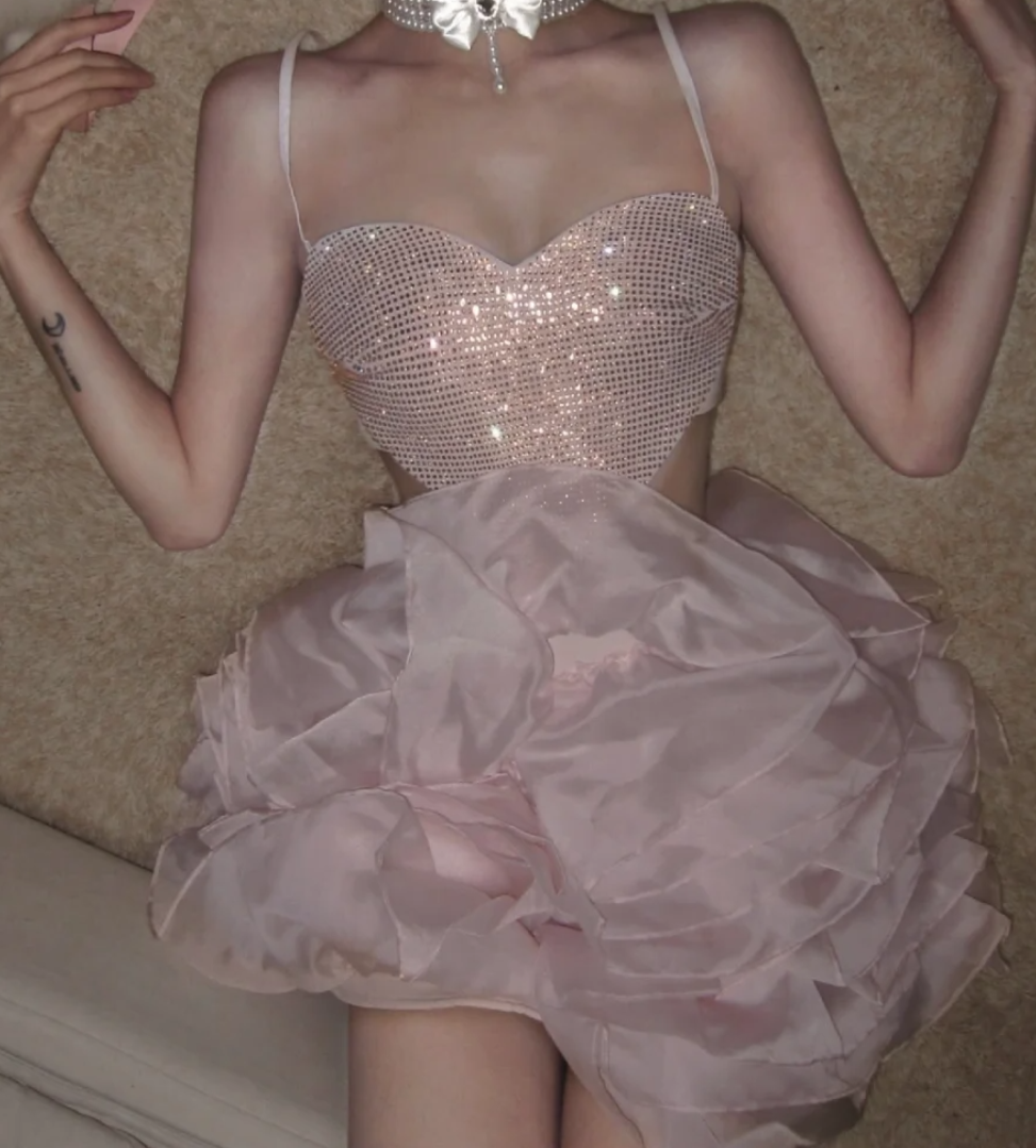Romantic Spaghetti Strap Homecoming Dress Pink Sequins Ruffles A-Line Birthday Dress GG7097