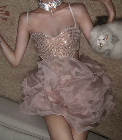 Romantic Spaghetti Strap Homecoming Dress Pink Sequins Ruffles A-Line Birthday Dress GG7097