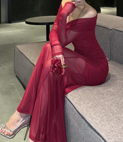 Classical Off-Shoulder Red Prom Dress Long Sleeve Mermaid Formal Dress GG7098