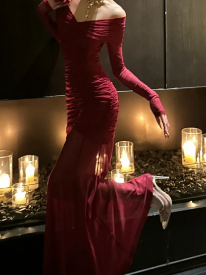 Classical Off-Shoulder Red Prom Dress Long Sleeve Mermaid Formal Dress GG7098