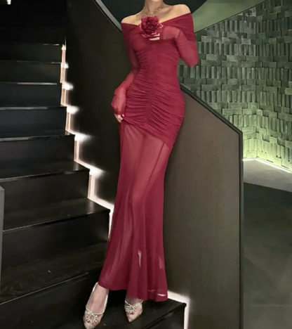 Classical Off-Shoulder Red Prom Dress Long Sleeve Mermaid Formal Dress GG7098