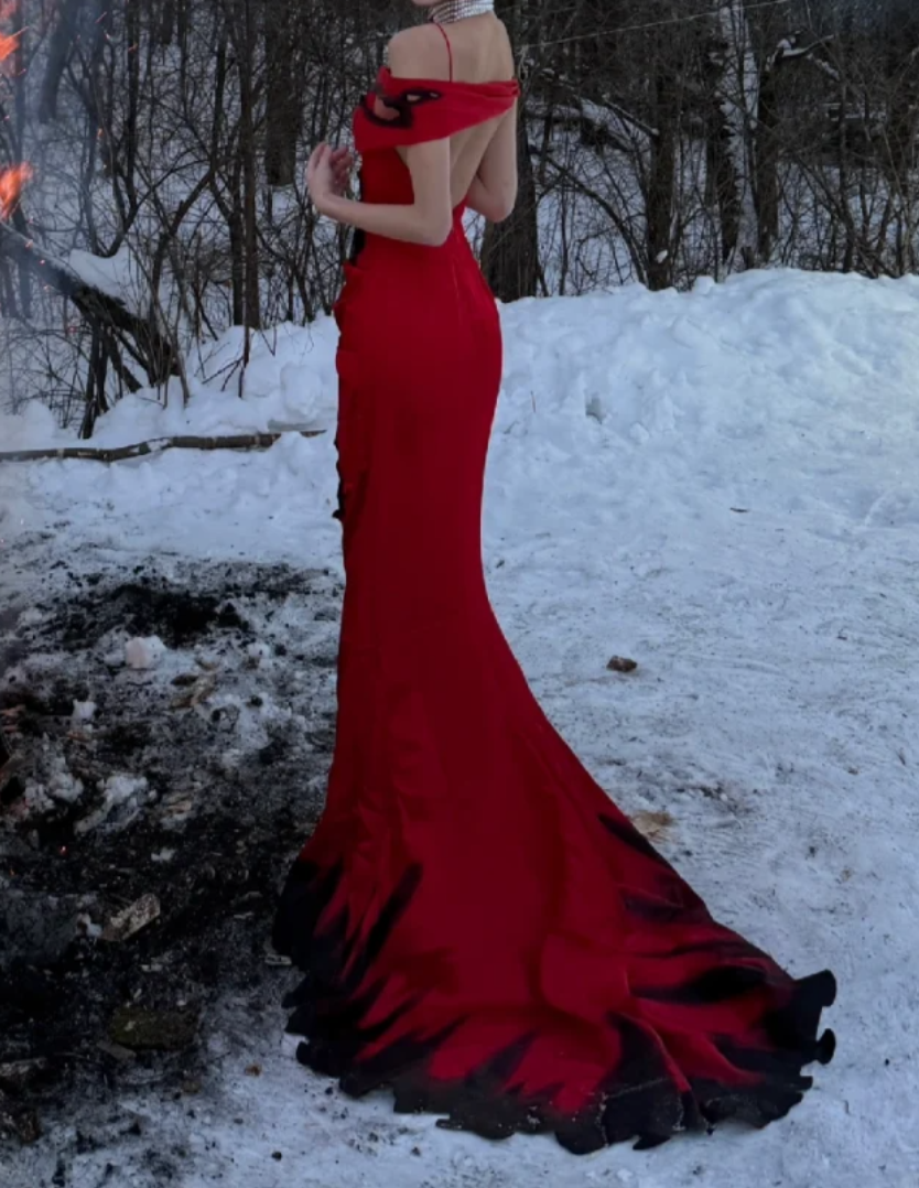 Chic Halter Neck Red Prom Dress Lace Mermaid Formal Dress GG7099
