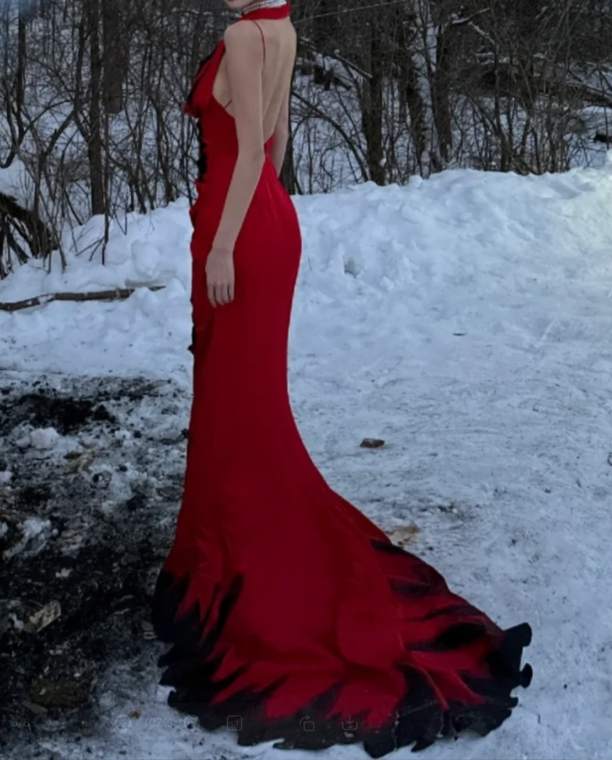 Chic Halter Neck Red Prom Dress Lace Mermaid Formal Dress GG7099