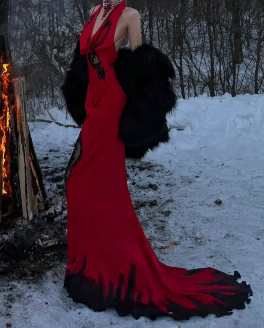 Chic Halter Neck Red Prom Dress Lace Mermaid Formal Dress GG7099