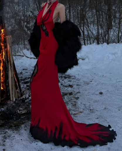 Chic Halter Neck Red Prom Dress Lace Mermaid Formal Dress GG7099