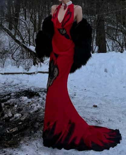 Chic Halter Neck Red Prom Dress Lace Mermaid Formal Dress GG7099