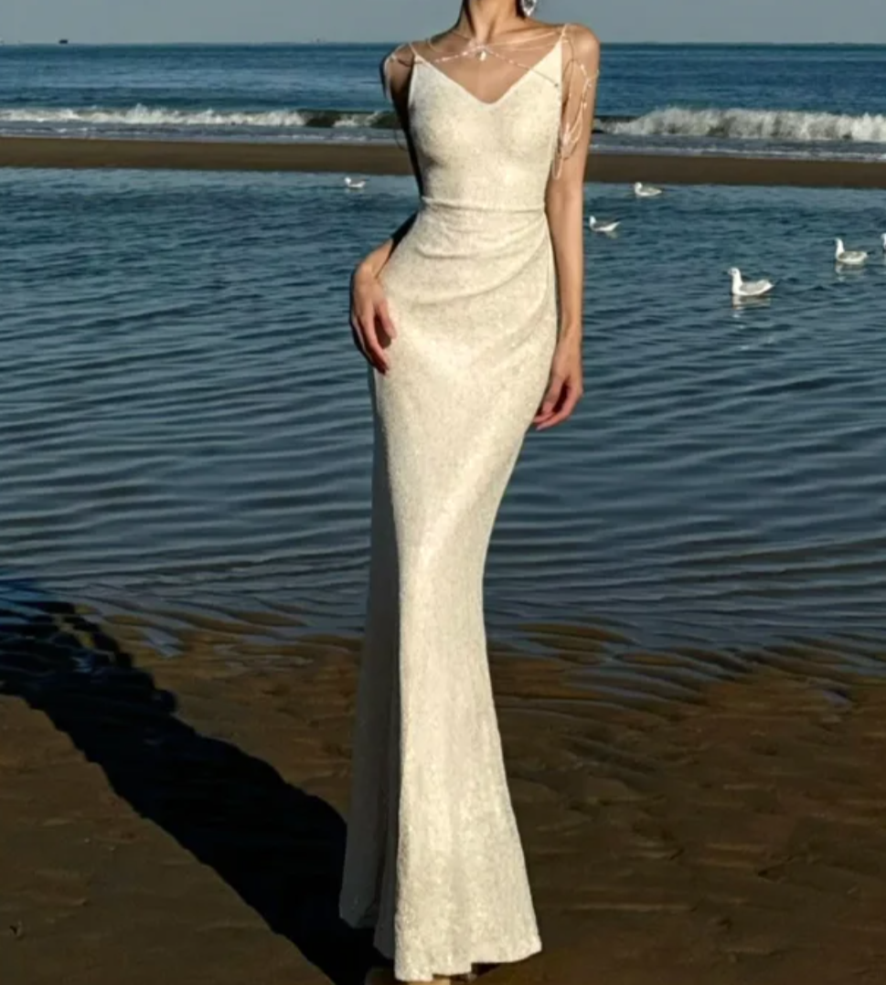 Sparkly Spaghetti Straps Prom Dress White Sequins Mermaid Formal Dress GG7100