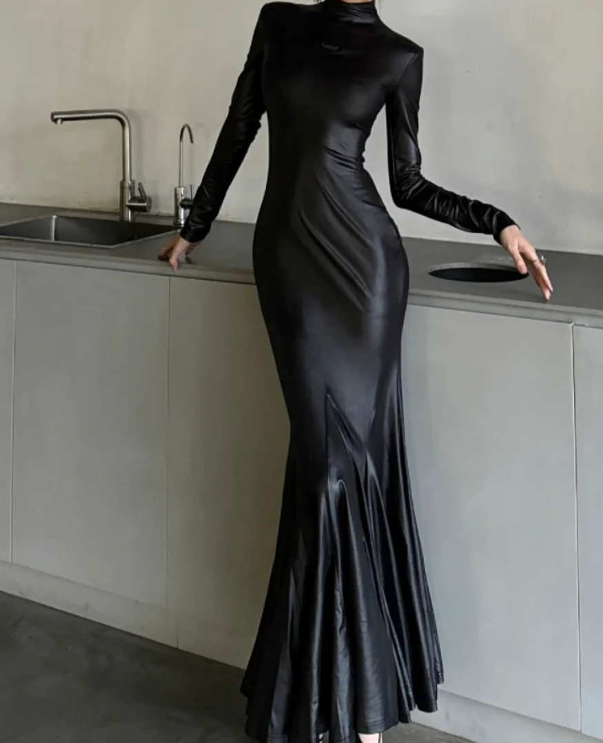 Classical High Collar Black Prom Dress Long Sleeve Mermaid Formal Dress GG7103