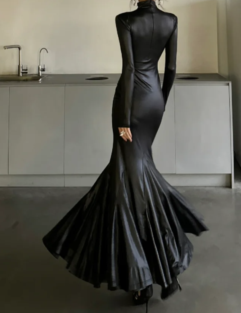 Classical High Collar Black Prom Dress Long Sleeve Mermaid Formal Dress GG7103