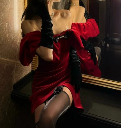 Sexy Off-Shoulder Red Homecoming Dress Velvet Sheath Birthday Dress GG7105