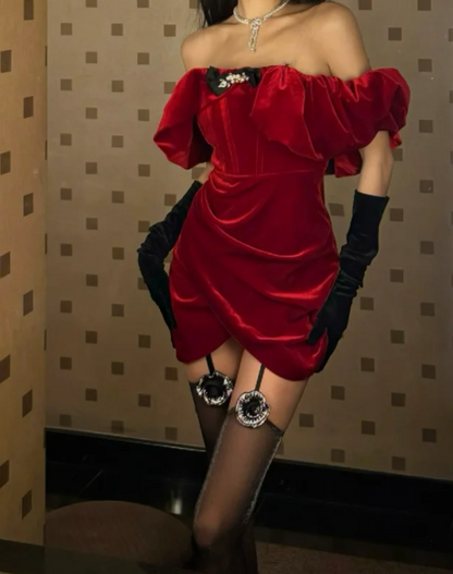 Sexy Off-Shoulder Red Homecoming Dress Velvet Sheath Birthday Dress GG7105