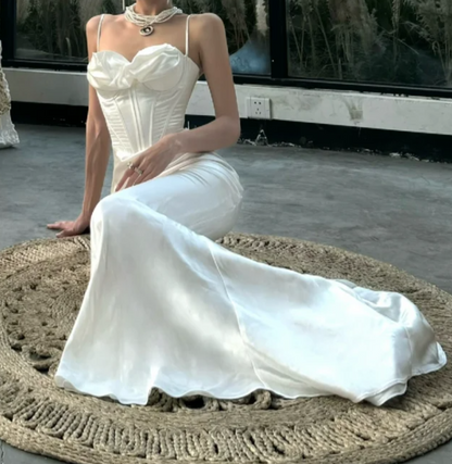 Chic Spaghetti Straps Prom Dress White Satin Mermaid Formal Dress GG7107