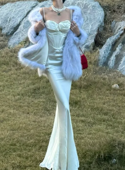 Chic Spaghetti Straps Prom Dress White Satin Mermaid Formal Dress GG7107