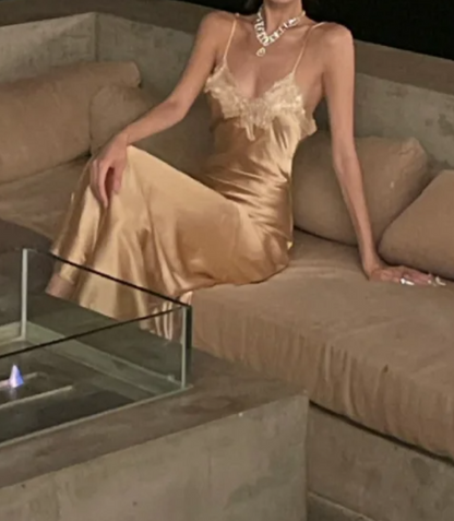 Trendy Spaghetti Straps Prom Dress Gold Lace Mermaid Formal Dress GG7108