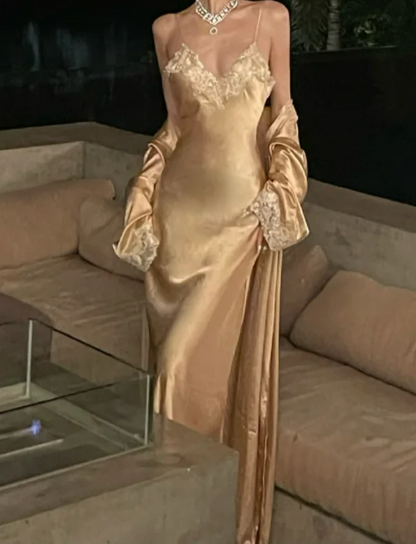 Trendy Spaghetti Straps Prom Dress Gold Lace Mermaid Formal Dress GG7108