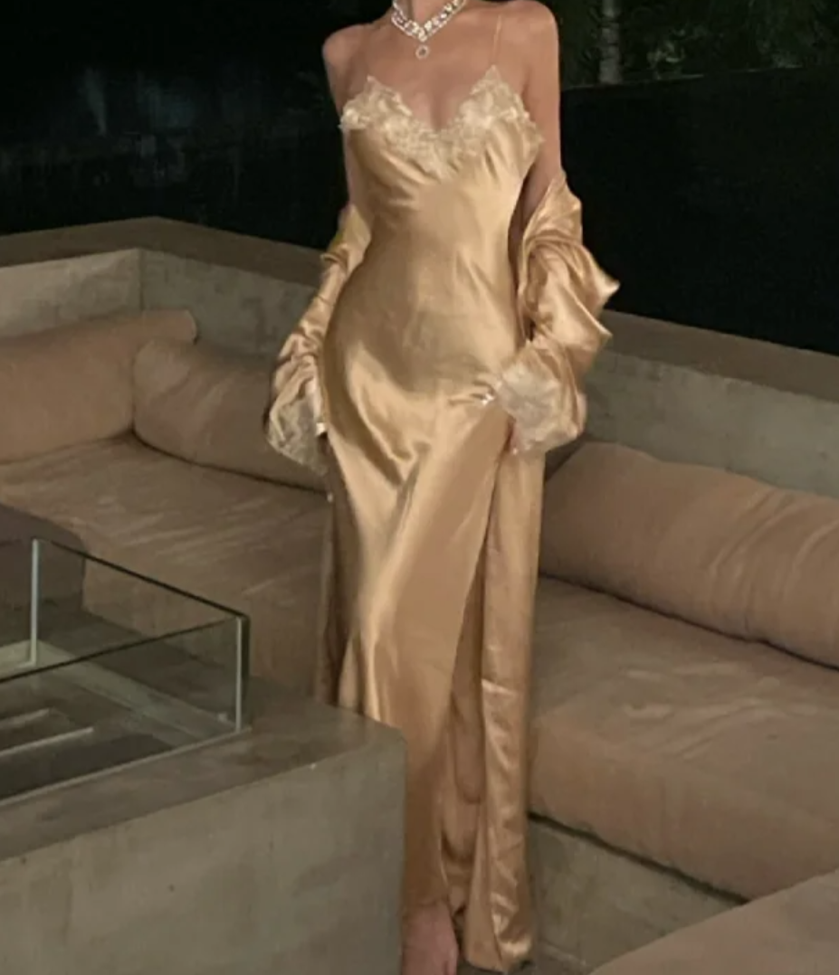 Trendy Spaghetti Straps Prom Dress Gold Lace Mermaid Formal Dress GG7108