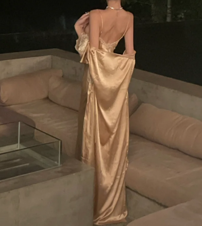 Trendy Spaghetti Straps Prom Dress Gold Lace Mermaid Formal Dress GG7108