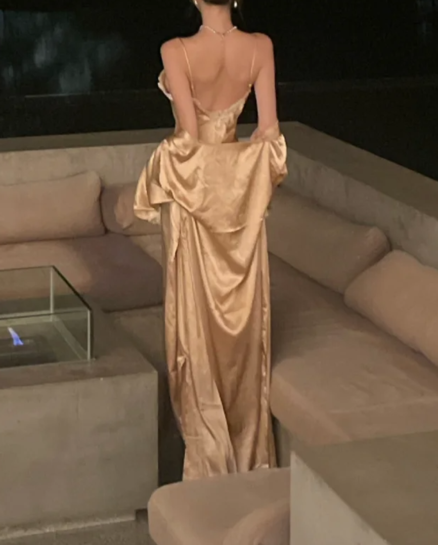 Trendy Spaghetti Straps Prom Dress Gold Lace Mermaid Formal Dress GG7108