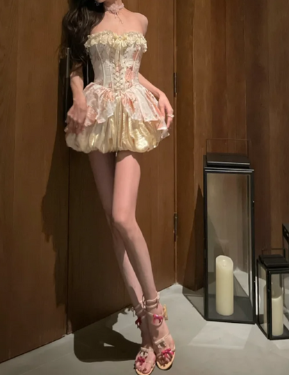 Unique Strapless Pink Homecoming Dress Ruffles Floral A-Line Birthday Dress GG7110