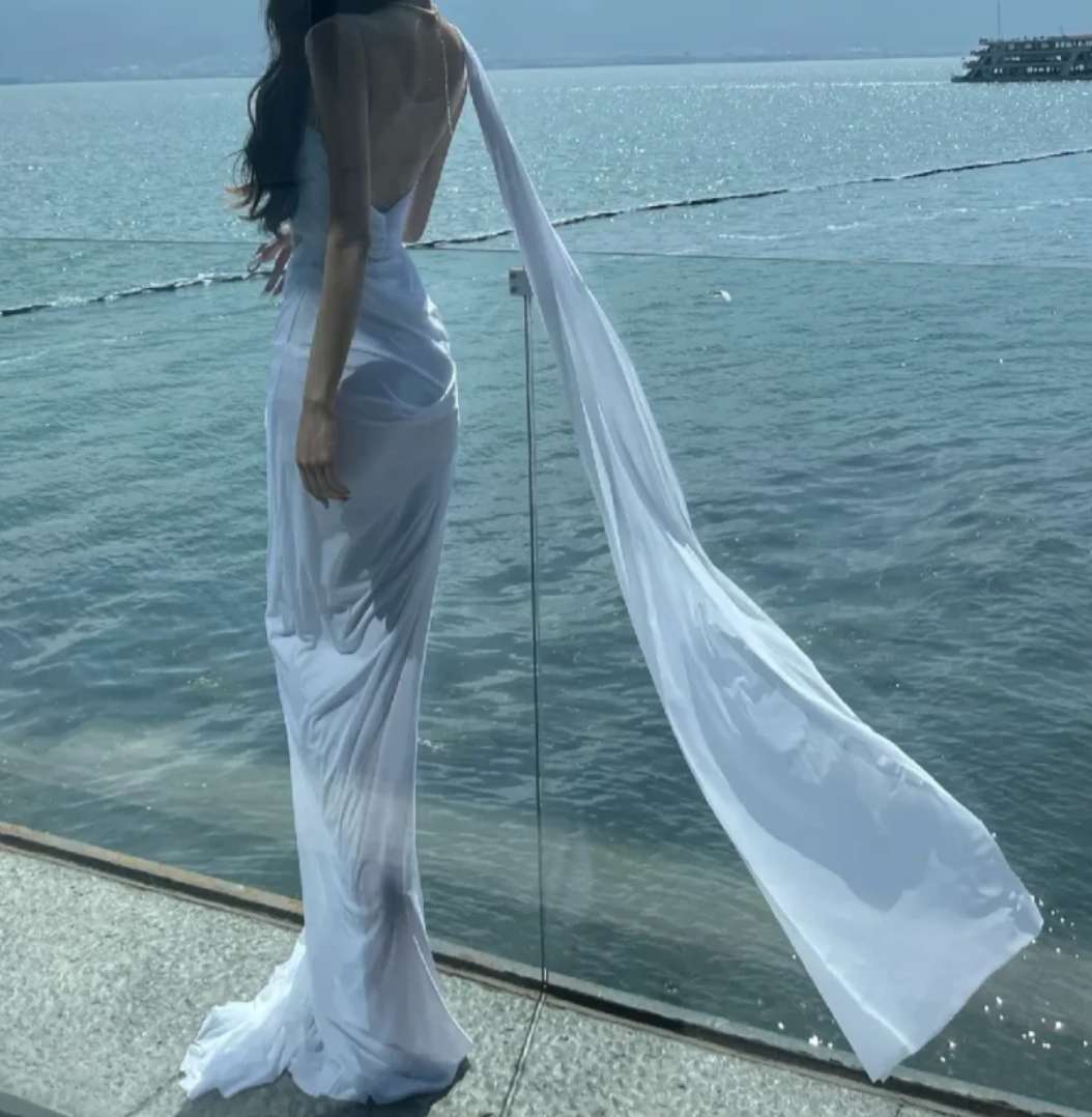 Dreamy Strapless Prom Dress White Cutout Sheath Formal Dress GG7111