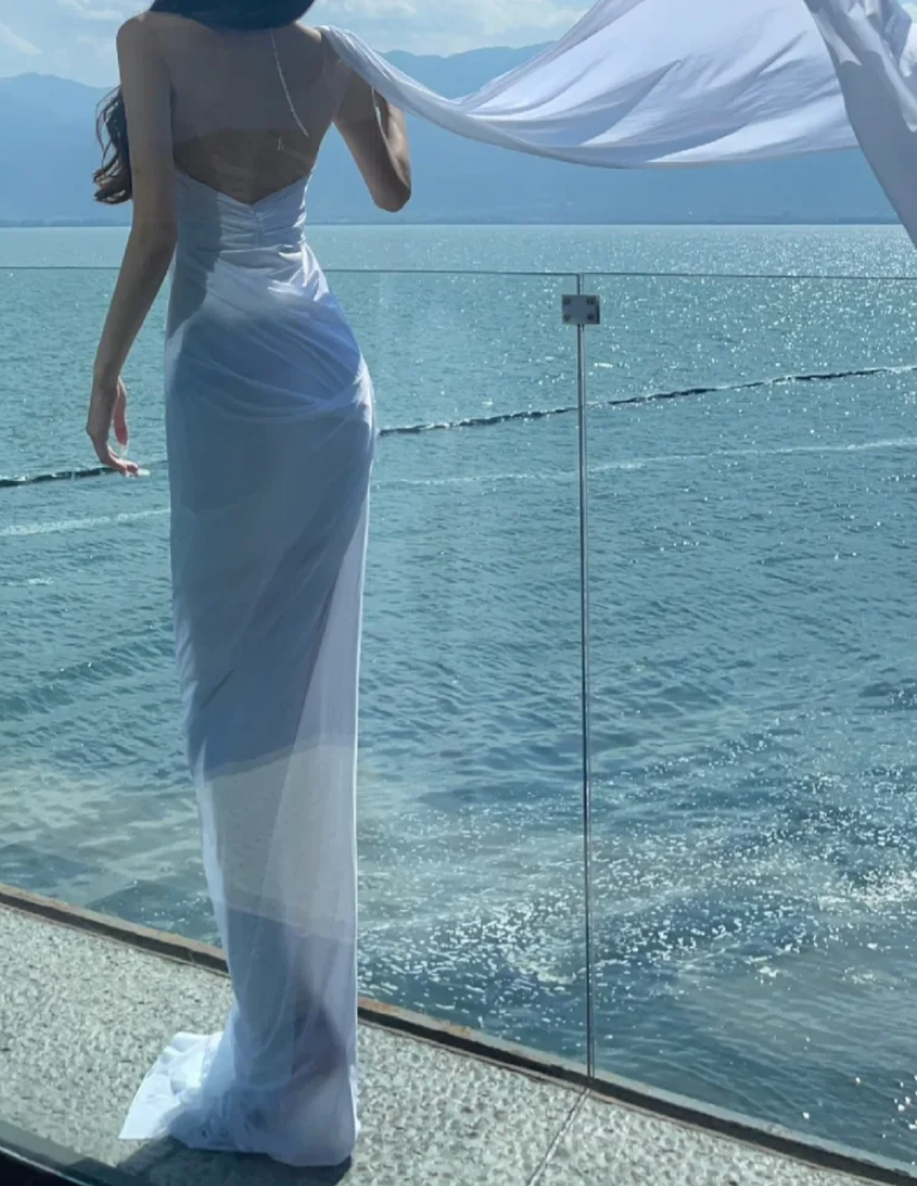 Dreamy Strapless Prom Dress White Cutout Sheath Formal Dress GG7111