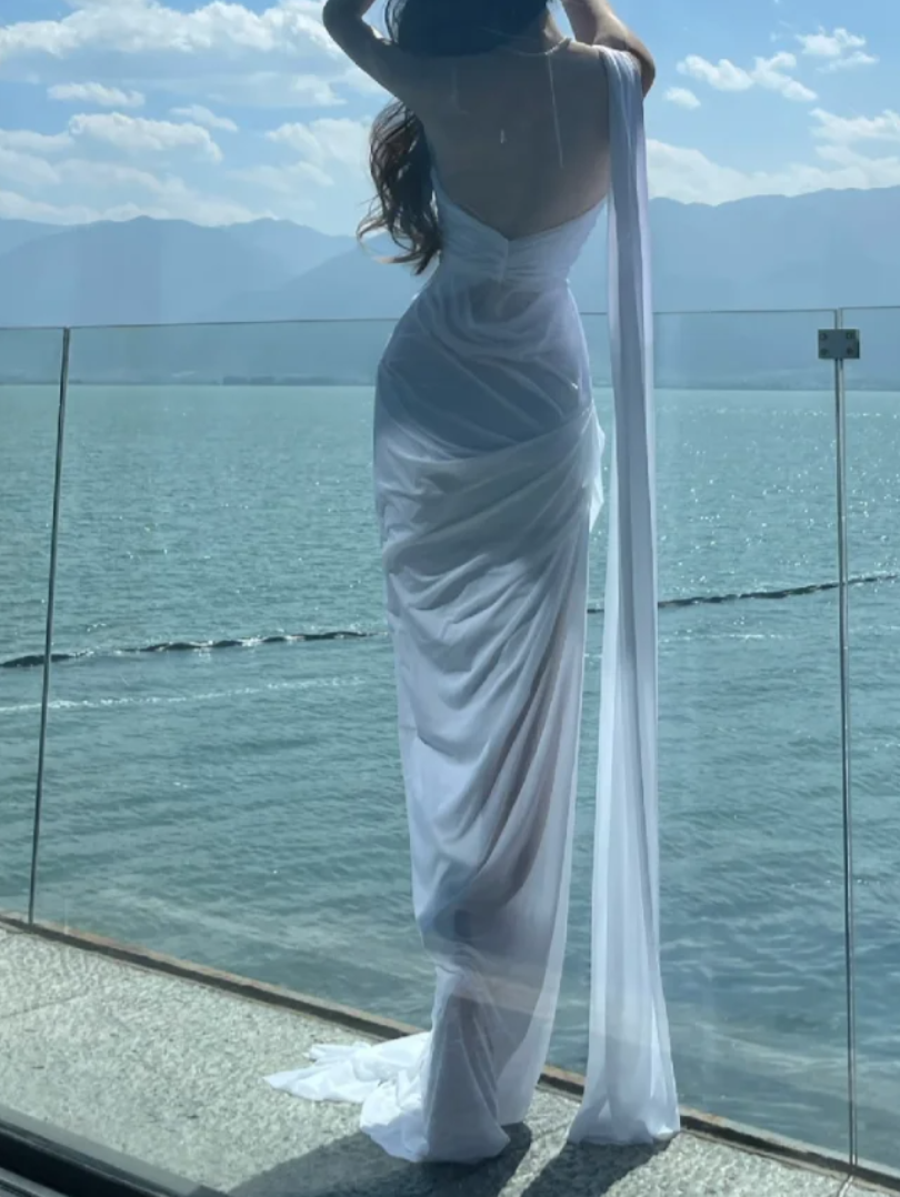 Dreamy Strapless Prom Dress White Cutout Sheath Formal Dress GG7111