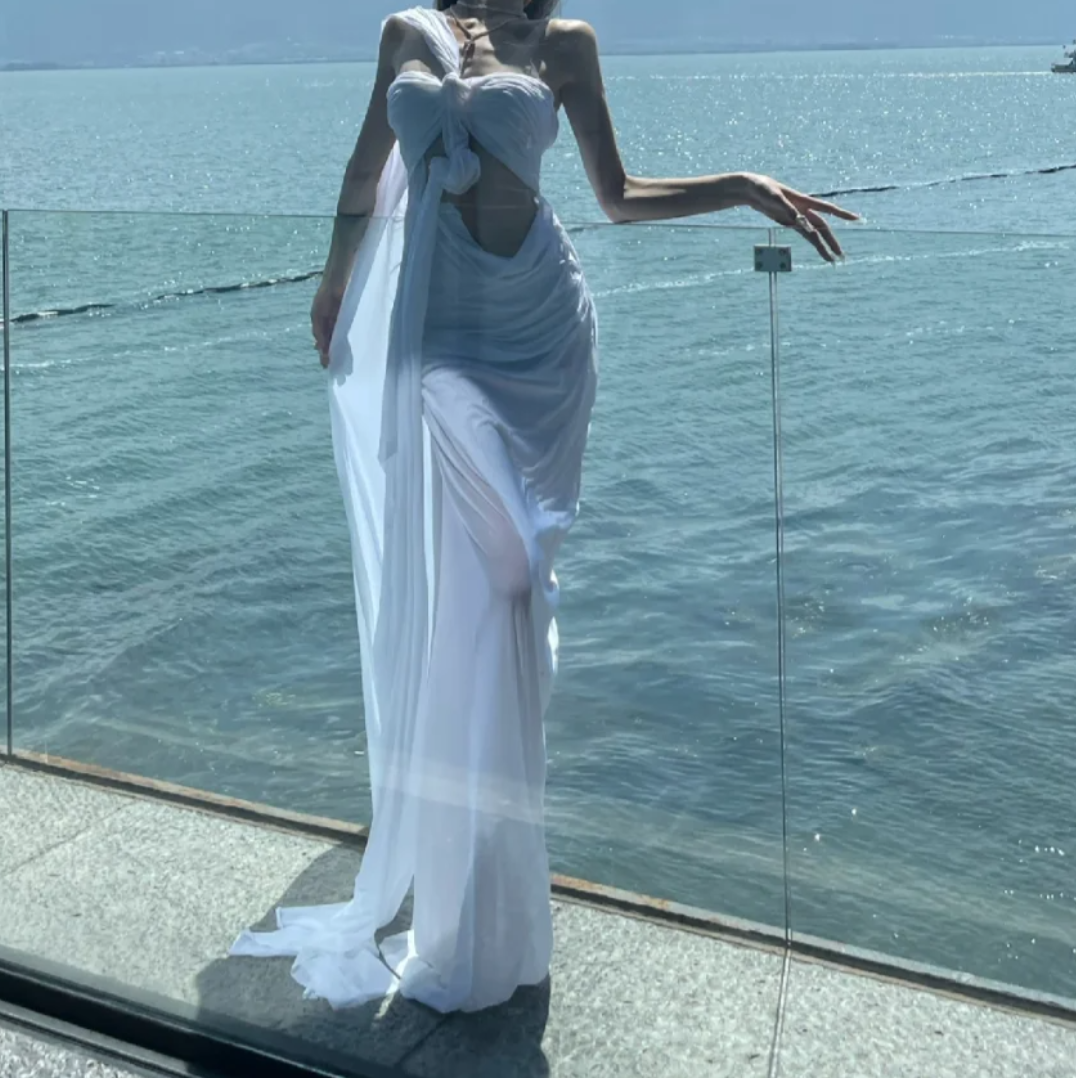 Dreamy Strapless Prom Dress White Cutout Sheath Formal Dress GG7111
