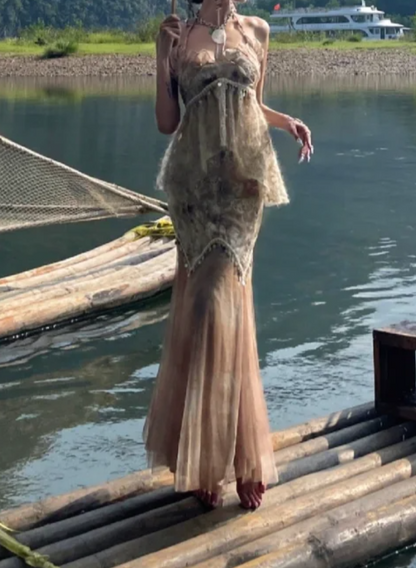Vintage Halter Neck Backless Prom Dress Lace Floral Mermaid Formal Dress GG7112