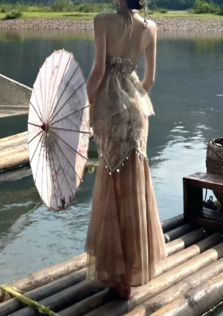 Vintage Halter Neck Backless Prom Dress Lace Floral Mermaid Formal Dress GG7112