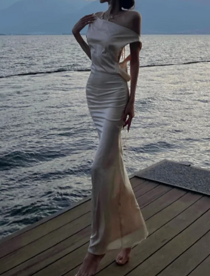 Attractive Off-Shoulder Prom Dress Satin Backless Mermaid Formal Dress GG7113