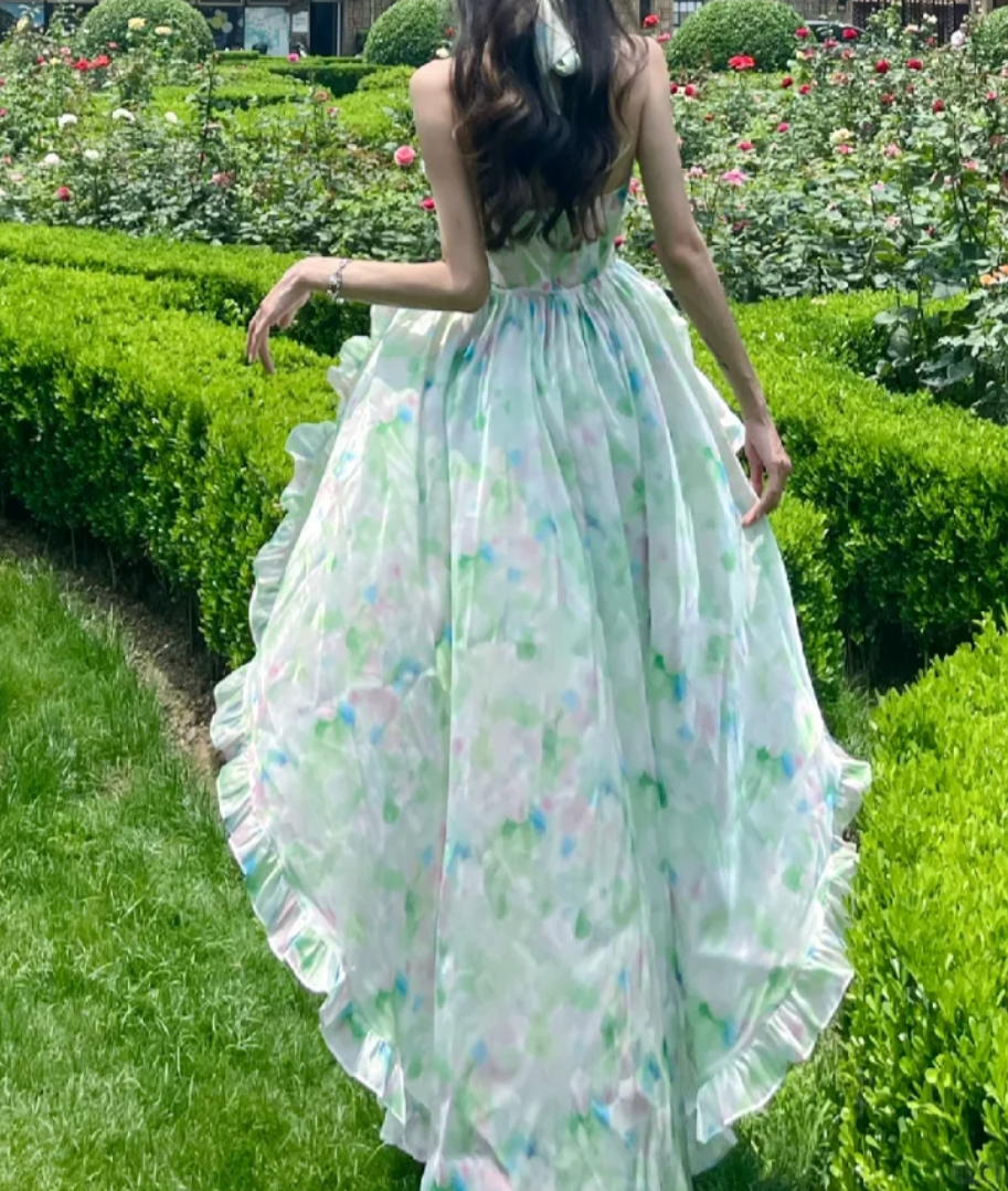 Playful Halter Neck Green Homecoming Dress Beading Tiered Floral A-Line Birthday Dress GG7114