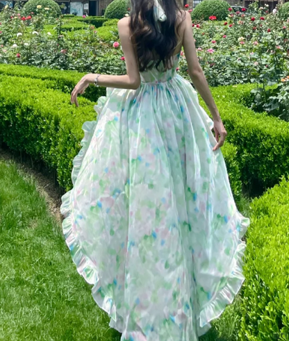 Playful Halter Neck Green Homecoming Dress Beading Tiered Floral A-Line Birthday Dress GG7114