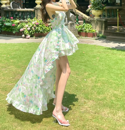 Playful Halter Neck Green Homecoming Dress Beading Tiered Floral A-Line Birthday Dress GG7114