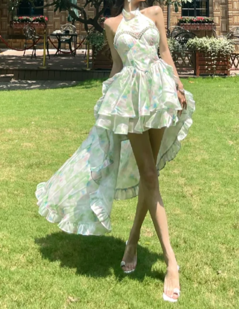 Playful Halter Neck Green Homecoming Dress Beading Tiered Floral A-Line Birthday Dress GG7114