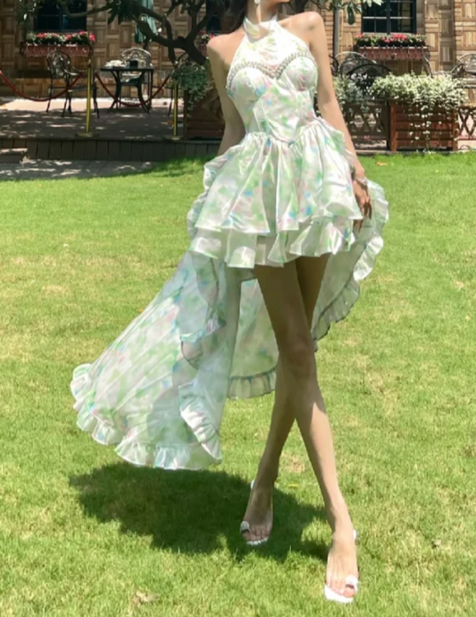 Playful Halter Neck Green Homecoming Dress Beading Tiered Floral A-Line Birthday Dress GG7114