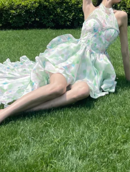 Playful Halter Neck Green Homecoming Dress Beading Tiered Floral A-Line Birthday Dress GG7114